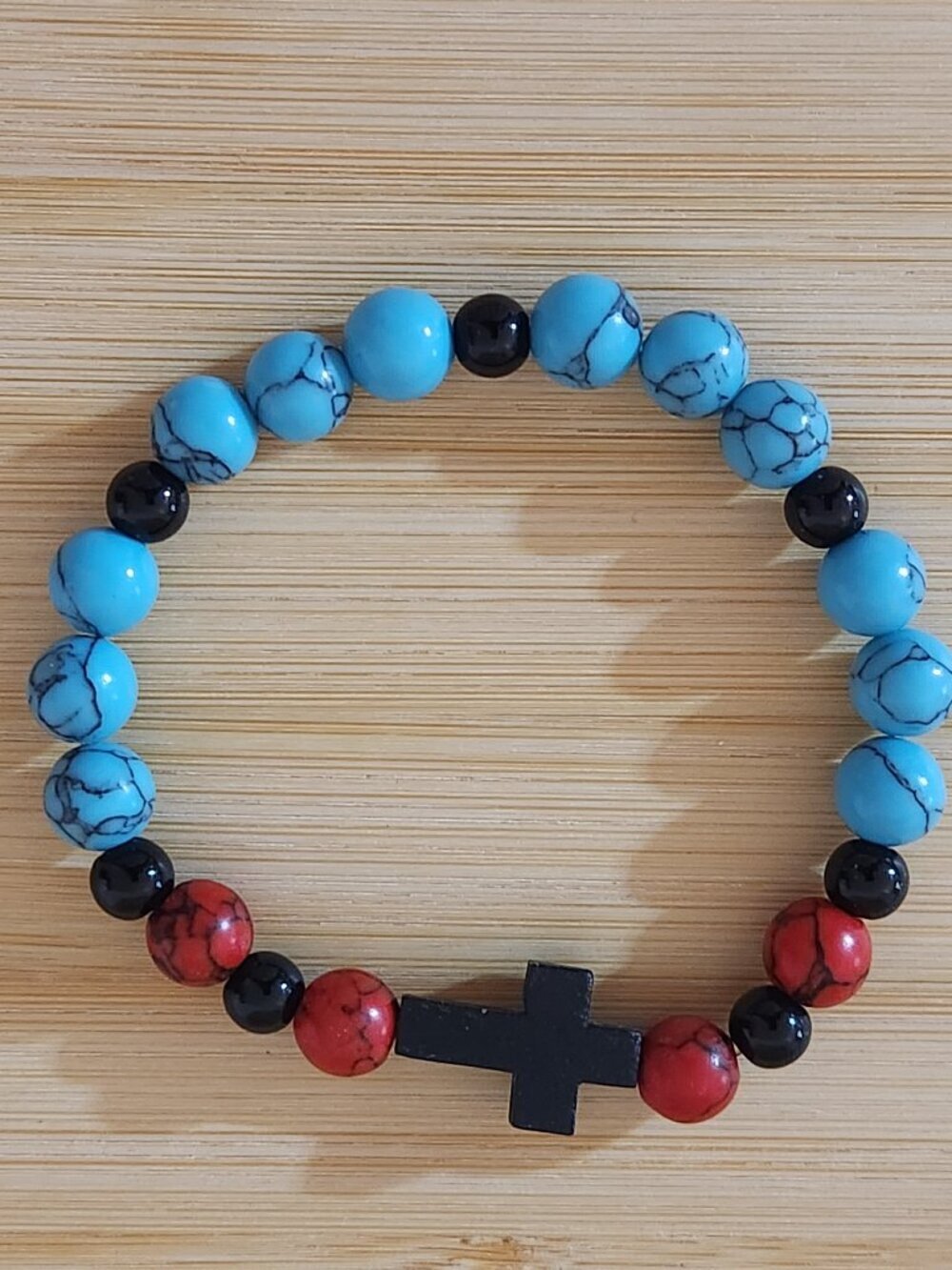 Hand Crafted Stretch Turquoise Red Black Beaded Wooden Cross Bracelet Unisex